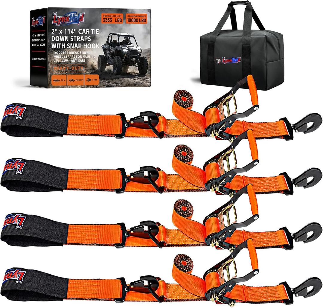 2'' x 114'' Heavy Duty Adjustable Car Tie Down Straps with Snap Hook for Trailers, 10,000 lbs Break Strength, Axle Tire Ratchet Straps with Snap Hooks for Hauling UTV, SUV, Truck, Any Cars - Orange