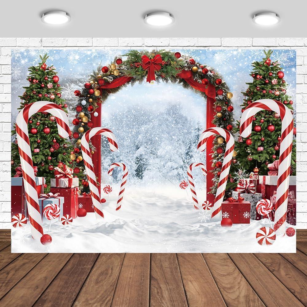 Tcoyodw Merry Christmas Cane Candy Backdrop 7x5ft Winter Snow Scene Xmas Tree Photography Background New Year Eve Party Decoration Holiday Christmas Party Photo Studio Props