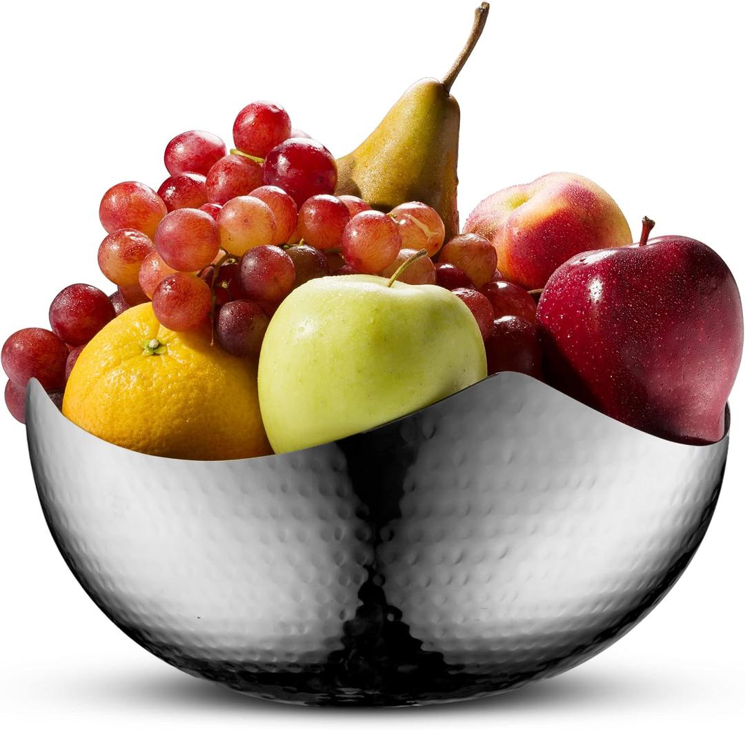 James Scott Large Serving Bowl - Hammered Stainless Steel Wave Bowl, 10-inch - Multipurpose for Bathroom, Kitchen, Dining - Fruit, Salad, Snacks, Accessories