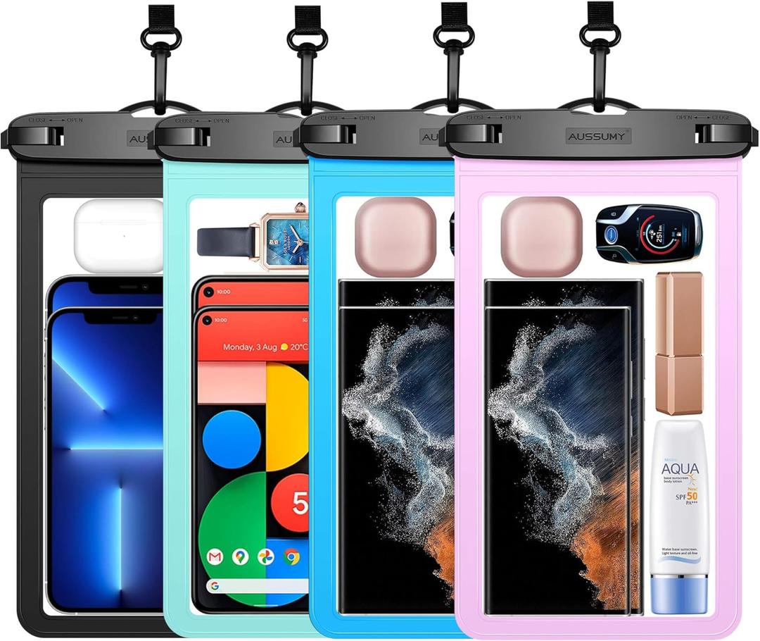 4 Pack 10.5 Large Waterproof Phone Pouch - Underwater Clear Cell Holder - Universal Water Proof Dry Bag with Neck Lanyard for iPhone 17 Pro Max Samsung Galaxy with Heavy Case for Beach Swimming Pool (Black+Blue+Green+Pink)