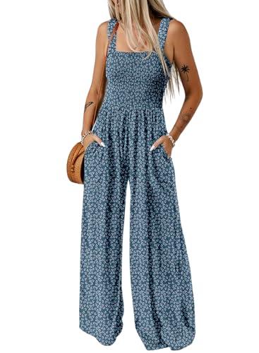 Dokotoo Loose Jumpsuits for Women Overalls Oversized Solid Color Wide Leg One Piece Sleeveless jumpsuit Long Pant Romper with Pockets 2026 Fashion Blue Printed Medium