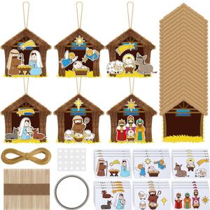 Jenaai 24 Set Nativity Wooden Stick Ornament Craft Kit Make a Nativity Scene Hanging Ornament Religious Christmas Crafts for Christmas Tree Home Party Classroom Activities, As Shown