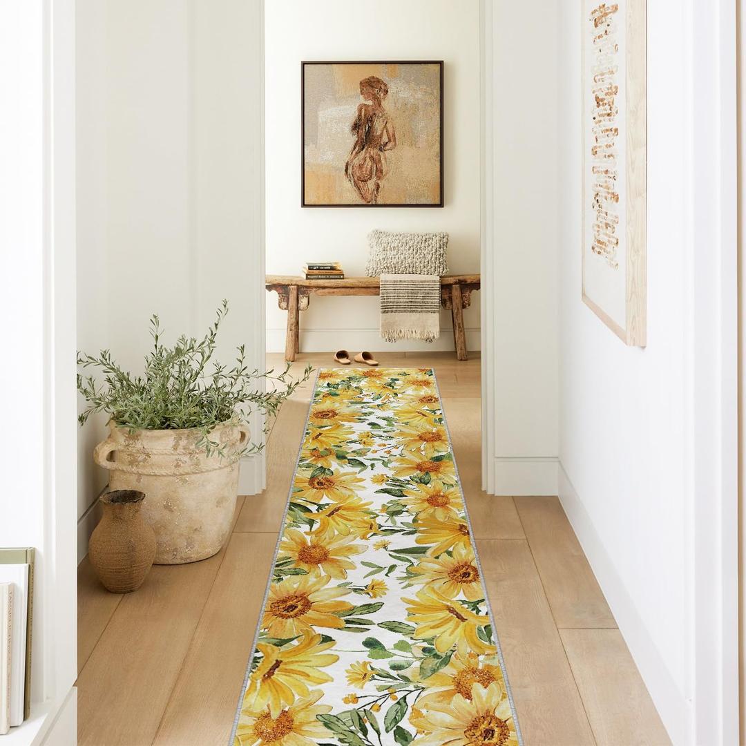 Artoid Mode Yellow Daisy Summer Floral Runner Rug, Spring Home Decor Low-Profile Non-Slip Washable Area Rug for Kitchen Entryway Bedroom Living Room Laundry Room Indoor 2x10 Feet