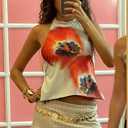 Women Y2k Halter Neck Tank Top Floral Print Backless Cami Top Sleeveless Tie Up Crop Top Summer Streetwear (S)