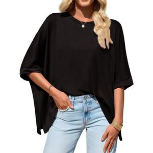 Bestsister Womens Oversized Tshirts Batwing Short Sleeve BaggyTops Summer Loose Fit Tunic Tee Plus Size Crewneck Shirts Black, X-Large