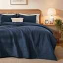 Love's cabin King Size Cotton Quilt Set, 100% Cotton Fabric Striped Textured Coverlet with Crinkled Look, Lightweight Quilted Bedspread for All Season, Includes 2 Pillow Shams, Navy