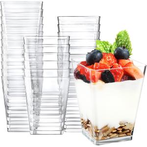 Eupako 100 Pack 5 oz Square Clear Plastic Dessert Cups Small Clear Plastic Tumbler Cups Great for Desserts, Appetizers, Puddings, Mousse and More, 100 Count