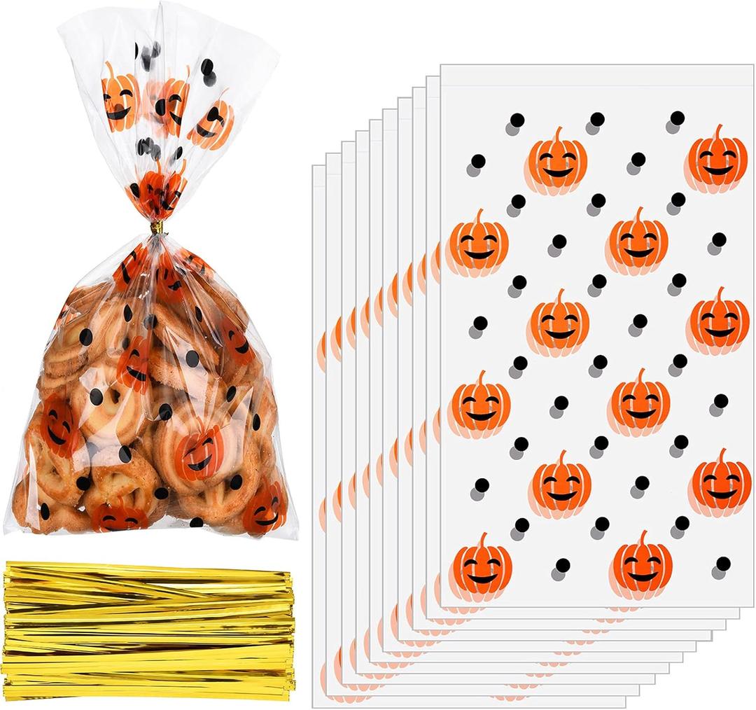 100 Sets Halloween Pumpkin Print Cone Cellophane Bags Heat Sealable Halloween Treat Candy Gift Bags and Golden Twist Ties for Treat Party Favor