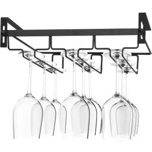 Kamehame Wine Glass Rack Under Cabinet, Nail Free Hanging Stemware Rack Metal Glasses Holder Storage Hanger for Kitchen, Bar(3 Rows, Black)
