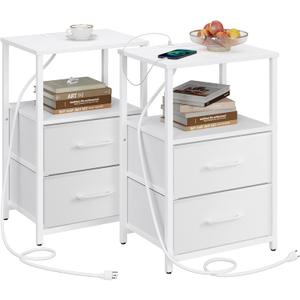 TUTOTAK End Table with Charging Station, Side Table with 2 USB Ports and Outlets, Nightstand with Cloth Drawer, Set of 2, Couch Table, White TB01BW052