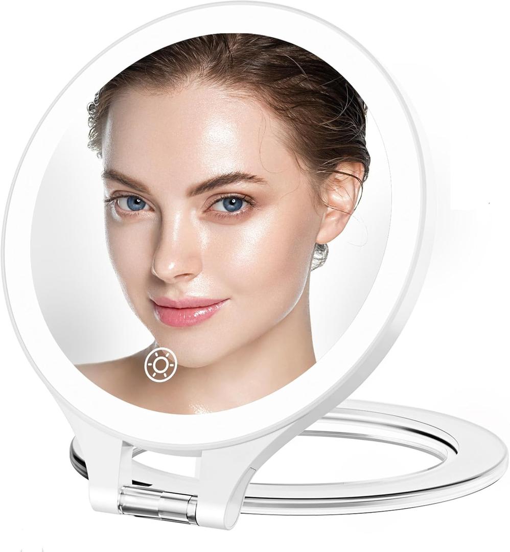 Magnifying Mirror with Light 10X/1X, Double Sided travel mirror with light, Rechargeable makeup mirror with 3 color setting Adjustable stand Lighted mirror Vanity Portable Desk Cosmetic Mirror