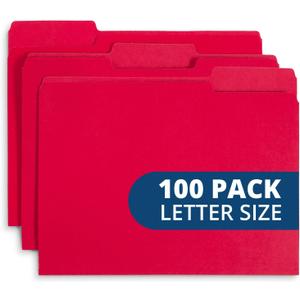 File Folder, 1/3 Cut Tab, Letter Size, Red, Great for Organizing and Easy File Storage, 100 Per Box
