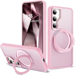 Compatible with Samsung Galaxy S24 Plus Case with 360Rotatable Magnetic Ring Stand Compatible with Mag-Safe Military Protection Matte Translucent Phone Case for Galaxy S24+,Pink