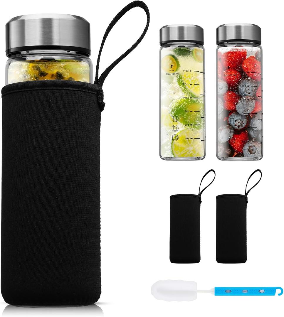 SIEROZUR Glass Juice Bottles 16 oz-2 Pack Leak Proof Wide Mouth Water Bottle with Stainless Steel Lid & Sleeve - for Juicing, Smoothies, Infused Water, Beverage Storage, Eco-Friendly Borosilicate