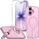 Magnetic for iPhone 17 Stand Case with Screen Protector, [Full Camera Protection] (Compatible with MagSafe) Military Grade Drop Protection, Translucent Matte Bumper Cover Case, Pink