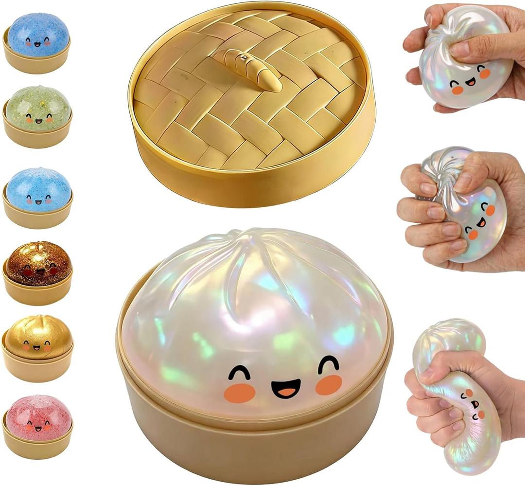 Glitter Dumpling Squishy, Mystery Glitter Dumpling Squishies Box, Colorful Dumpling Stress Balls Fidget, Jumbo Squishy Toy with Steamer Box, Soft Squeeze Decompression Dough Gift (Glitter White)
