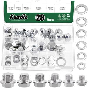Keadic 28Pcs Oil Drain Plugs with Aluminum Washer Gasket, Oil Drain Plug Assortment Kit, 6 Sizes Oil Drain Plug Gasket Oil Pan Drain Nut Kit for Most Cars