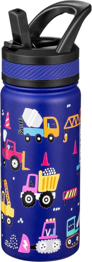 Fanhaw 18 Oz Kids Insulated Water Bottle with Straw - Stainless Steel Double Wall Vacuum Cup, Leakproof, BPA Free, Suitable for Boys and Girls(Blue - Under Construction)