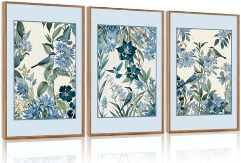 Aurlan Vintage Blue Birds and Botanical Framed Wall Art(16"x24"), 3PCS Classic Chinoiserie Audubon Bird Canvas Artwork, Large Abstract Watercolor Flowers Floral Home Decor for Bedroom Living Room
