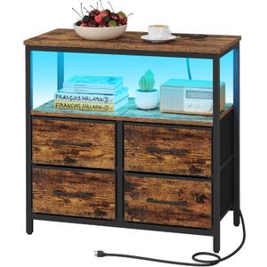 TUTOTAK LED Night Stand with Charging Station, Large Nightstand with USB and Type-C Port, Bedside Table with Cloth Drawers, End Table for Livingroom, Bedroom, Brown TB01BB081L
