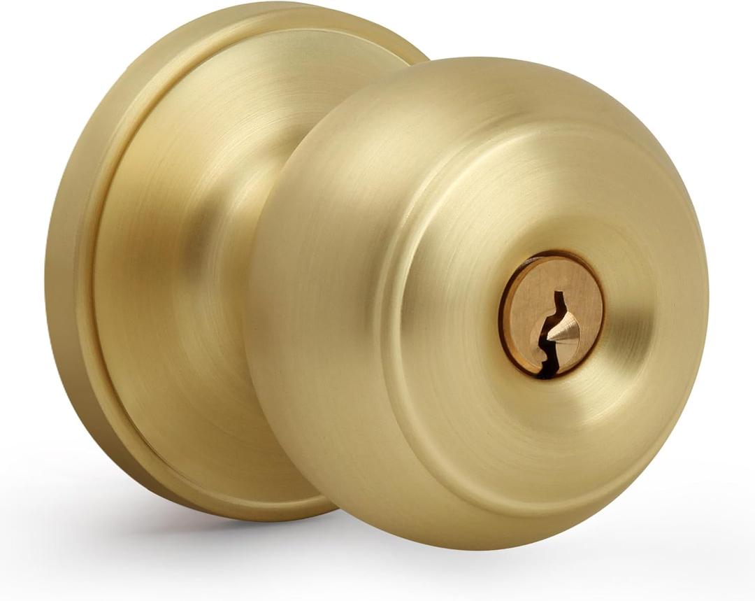 Keyed Entry Door Knob, Flat Ball Interior Door Knob with Lock, Round Exterior Doorknob for Front/Entrance Doors, Satin Brass