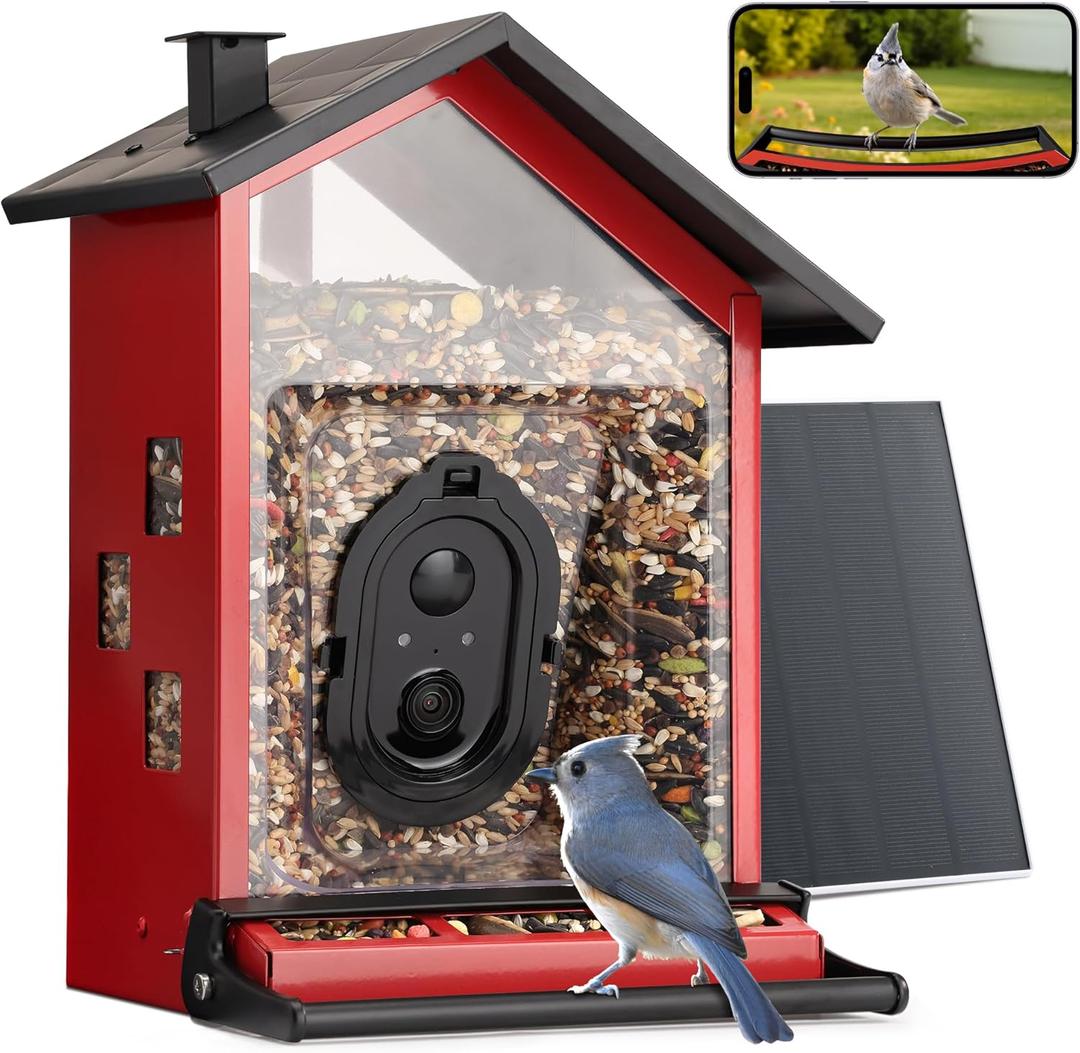 TT Nature Smart Bird Feeder with Camera Solar Powered Squirrels-Proof, AI Identify Bird Species & Instant Arrival Notification Camera, Data Security, Metal Case 3.2L Large Capacity Gift, Red