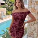 Trendy Queen Womens Off The Shoulder Floral Mini Dress Summer Party Bodycon Ruched Short Dresses (M)