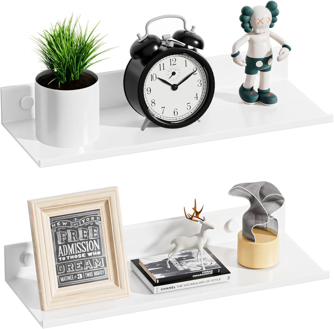 Wisfame Floating Shelves for Wall 11.8Inch, Metal Adhesive Wall Shelves Set of 2, Modern Floating Shelf Mounted Display Storage for Bedroom, Living Room, Bathroom, Kitchen, Office (White)