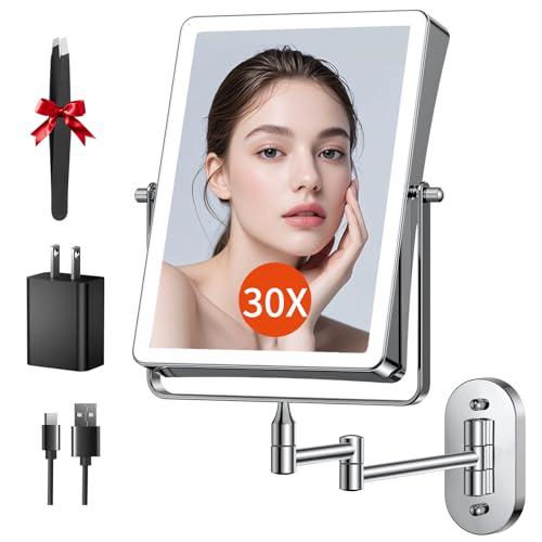FUNTOUCH 5000mAh Rechargeable Wall Mounted Makeup Mirror with Lights, 8.7" Double Sided 1X/30X Magnifying Mirror with Dimmable 3 Color Light, Extended Swing Arm 360° Wall Mount Bathroom Vanity Mirror