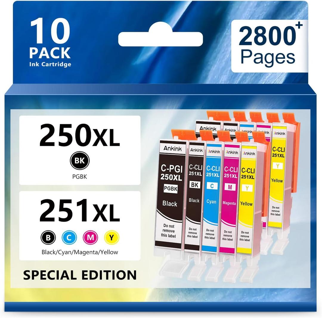 PGI-250XL CLI-251XL Ink Cartridge 10 Value Pack Compatible for Canon 250 251 PGI-250 CLI-251 XL Cannon 250XL 251XL Printer Ink to PIXMA MX922 MX920 IX6820 IP8720 MG5520 MG7520 IP7220(Black Color)