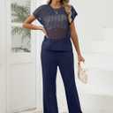 Women Two Piece Outfits Crochet Sheer Knit Sweater Top Wide Leg Pants Lounge Matching Sets Sweatsuit Travel Clothes