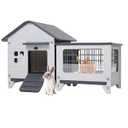 Rabbit Hutch Indoor & Outdoor with Extended Play Area, Plastic Rabbit Hutch with Sloped Roof Drainage, Panoramic Windows, Urine Barrier & Pull-Out Tray, Rabbit Cage with Run Easy to Clean and Assemble