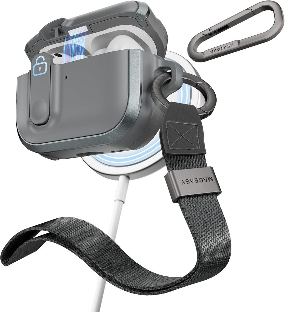 MAGEASY Odyssey AirPods Pro 3 Case Cover with Built-in Lock + Wristlet + Carabiner Clips for Carry Commute, Wireless Charging Compatible, Drop Protection, Apple AirPod Third Gen (Metal Blue)