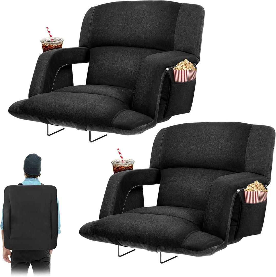 Extra Wide Bleacher Chairs with Back and Cushion Folding Stadium Chairs, Sofa Style Design 6 Reclining Positions Waterproof Bleacher Seats (2, Black, Wide-26in)