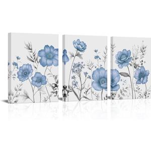 sechars Blue Flower Canvas Wall Art Vintage Floral Painting Pictures Decor Modern Blue and Grey Bedroom Bathroom Decoration (Blue), 12"x16"