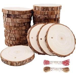 Unfinished Natural Wood Slices 25Pcs 3.1-3.5 inch Wood Coaster Pieces Craft Wood kit Predrilled with Hole Wooden Circles Great for Arts and Crafts Christmas Ornaments DIY Crafts Rustic Wedding