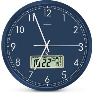 Atomic Analog Wall Clock, WWVB Self-Setting Battery Operated 14" Large Dial Non-Ticking Silent Easy to Read & Use Clock with LCD Display, Ideal Modern Home, Kitchen, Office Dcor (Blue)