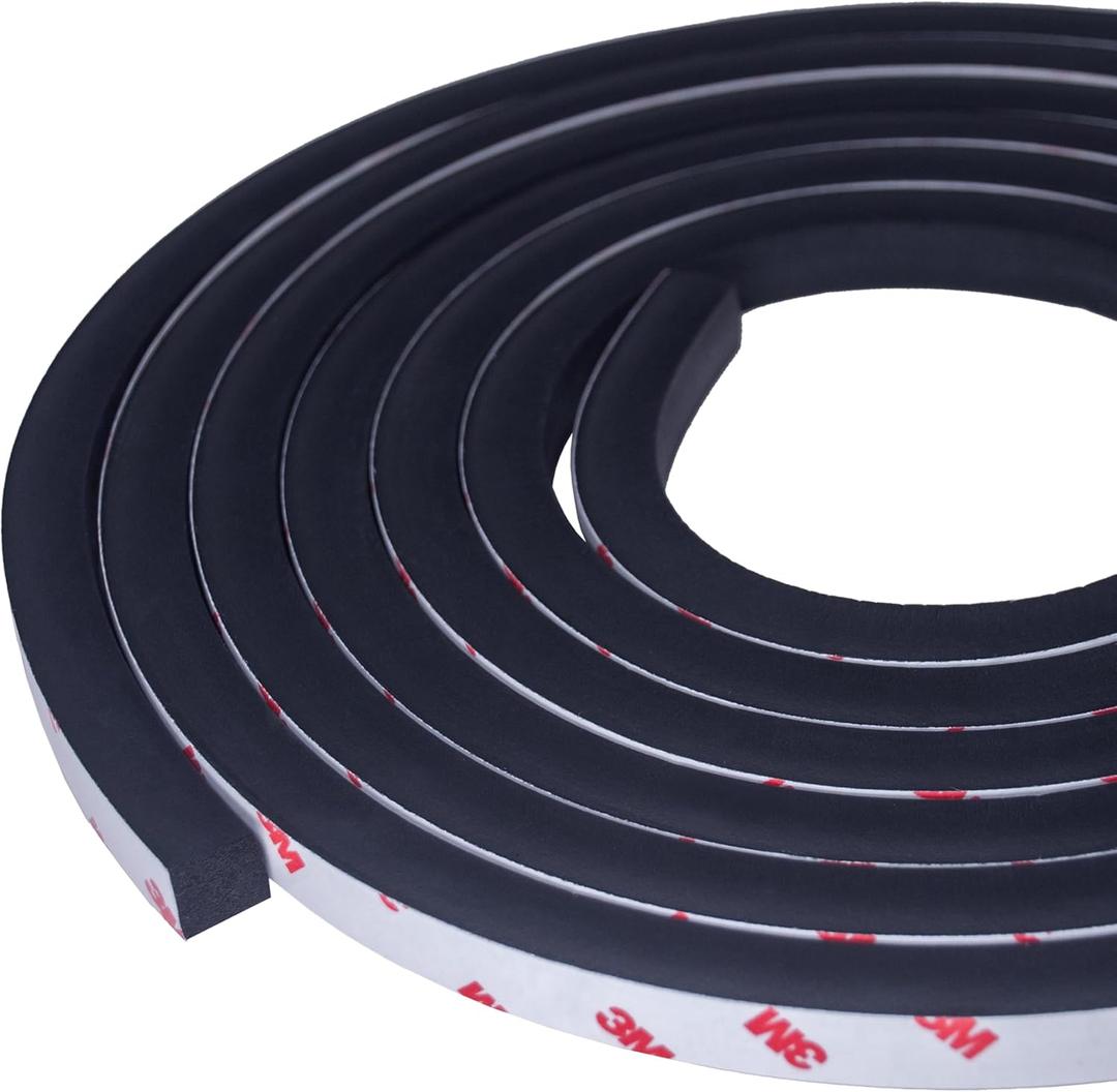 Neoprene Waterproof Rubber Foam 1/2 (w) x 1/2 (h) x 12 feet Long Weather Stripping Door Seal Insulation Shock-Absorbing 3M Self-Adhesive Tape for Door Frames, Windows  Black, 1 Continuous Roll