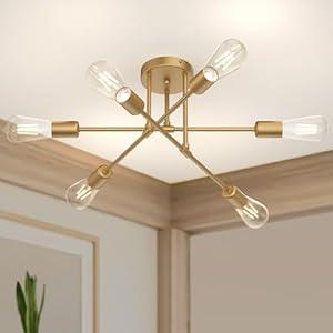 Phaosio Modern Sputnik Chandelier Ceiling Light Fixtures, 6Lights 22” Mid Century Industrial Metal Semi Flush Mount for Dining Room, Bedroom, Living Room Brushed Gold