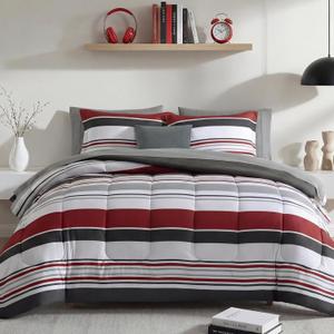 Monbix Queen Comforter Set - 7 Pieces Bed in a Bag Queen, Red and Black-Stripe Bedding Sets, All Seasons Comforter Bed Set with Sheets, Pillowcases & Shams