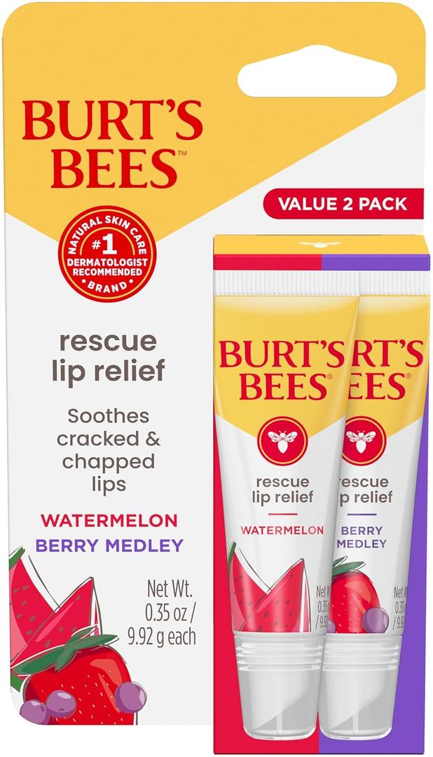 Burt's Bees Rescue Lip Relief, Watermelon & Berry Medley, Hydrating Lip Balm for Dry Cracked Lips, with Responsibly Sourced Beeswax and Shea Butter, 100% Natural Origin, 2 Pack, 0.35oz