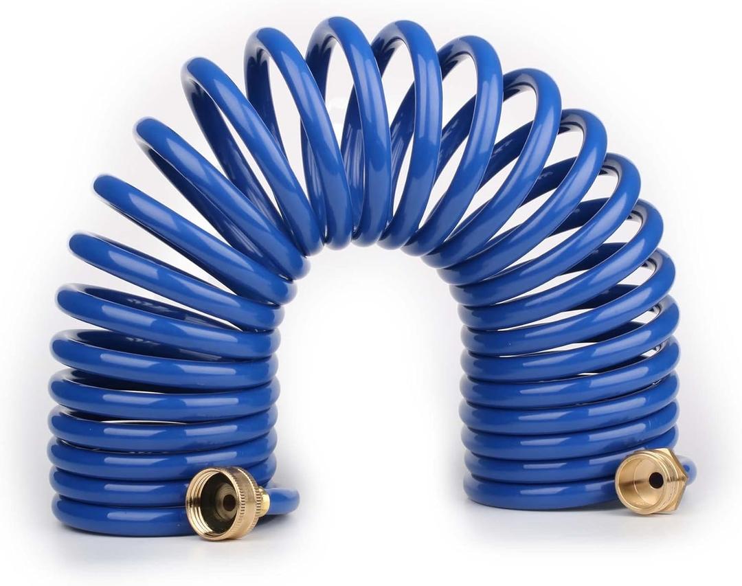 EVA Coil Garden Hose for Gardener: Retractable Self Coiling Hoses with 3/4" GHT Solid Brass Fittings - Kink Free and Flexible for Home and Garden Yard (25FT, Blue)