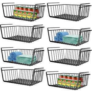 8 PACK Hanging Under Shelf Storage Basket Kitchen Cabinet Organizer Storage, Slides Under Wire Shelves for Counter Pantry Desk Bookshelf,Black
