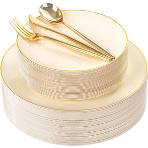 I00000 150Pcs Ivory Plastic Plates with Gold Rim,Nice Disposable plates,Gold Plastic Plates,Ivory Disposable Plates Set include 30 Dinner Plate,30 Dessert Plate,90 plastic Silverware Set for Party, Large
