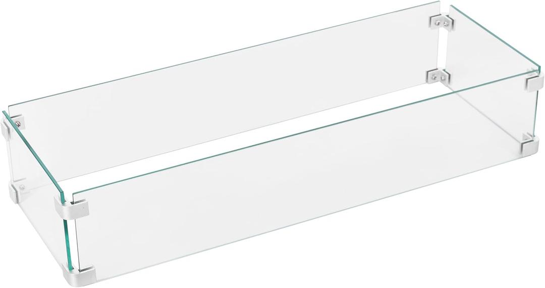 Nuu Garden Tempered Glass Wind Guard for Rectangular Propane Fire Pit Table 28.7''*10.2''*5.5'' Inch, Durable Flame Guard Shield with Aluminum Alloy Corner Brackets for Outdoor Patio Gas Fire Table