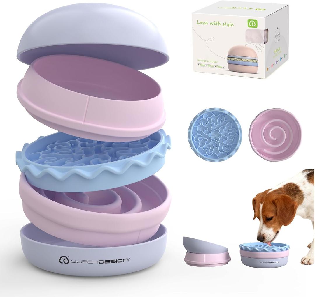 5-in-1 Dog Bowls Set, 6.1 inch Cute Colorful Hamburger-Shaped Dog Food Bowl Stackable for Easy Storage and Travel, Cat Bowls for Food and Water, Pet Bowls Suitable for Small and Medium Dogs (Purple)