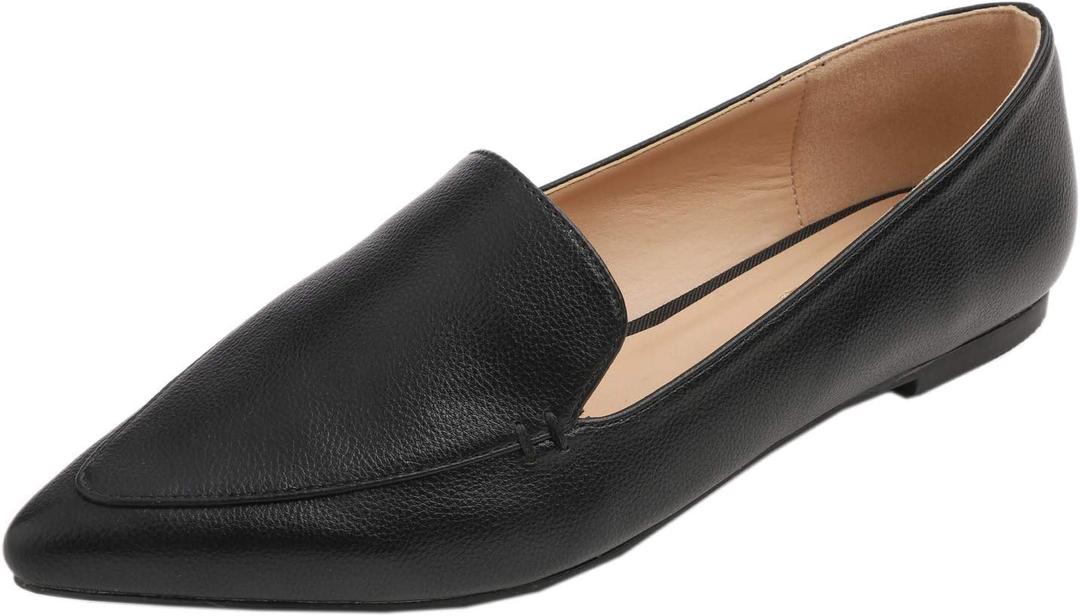 FEVERSOLE Women's Loafer Flat Pointed Fashion Slip On Comfort Driving Office Shoes (7, Grain Pu Black)