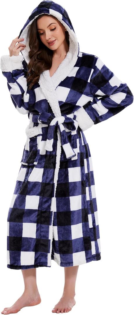 Plush Robes for Women, Hooded Bathrobe Long Fluffy, Womens Fuzzy Fleece Warm Soft Cozy Robe (Blue, XXXL)