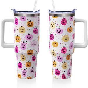 Halloween Pumpkin 40 oz Tumbler with Lid Handle and Straw Spooky Pumpkins Stainless Steel Double Walled Insulated Cups Halloween Travel Mug Gifts for Men and Women (1PC)