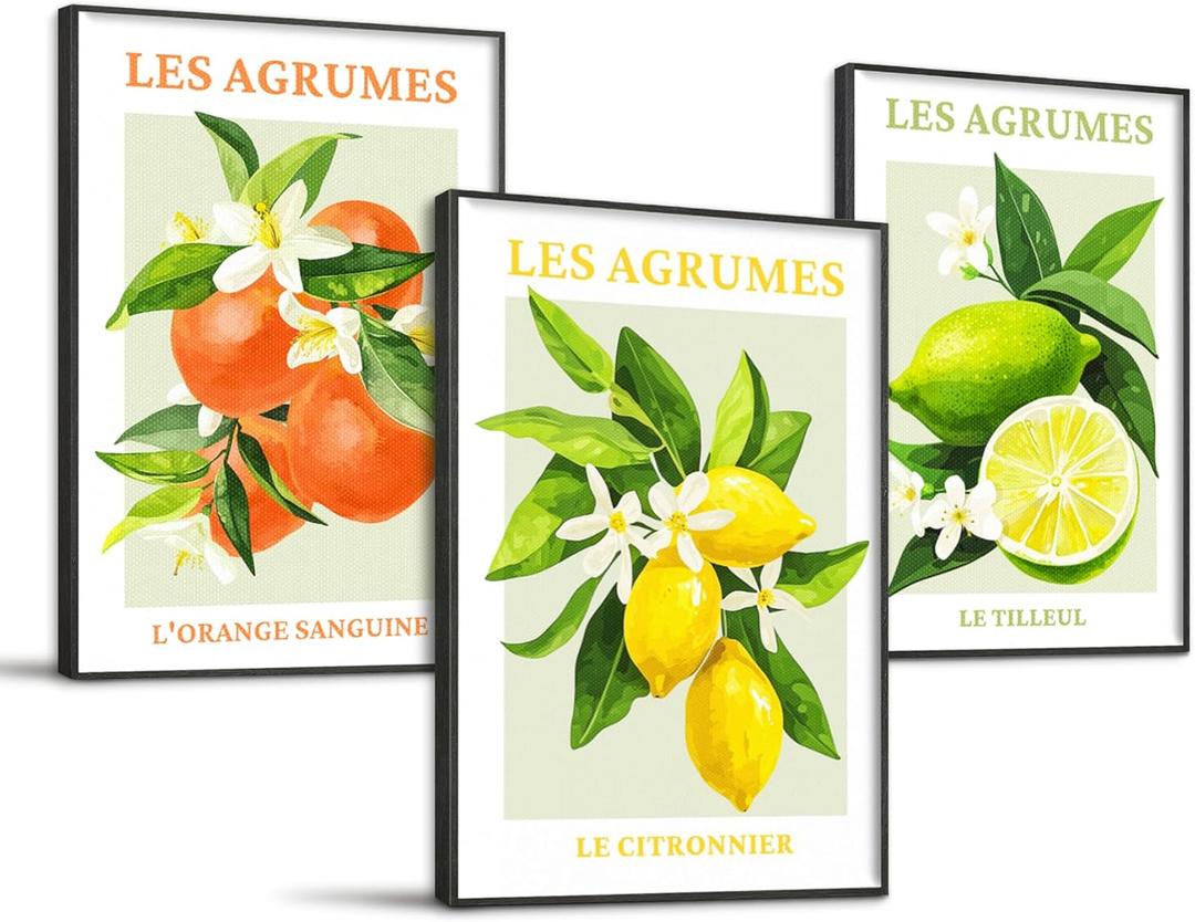 SERIMINO Fruit Botanical Wall Art for Kitchen, Lemon Prints Framed Canvas Wall Decor for Floral Dining Room Farmhouse, Watercolor Paintings Room Decor Aesthetic 3 Piece Set, 20"X28"